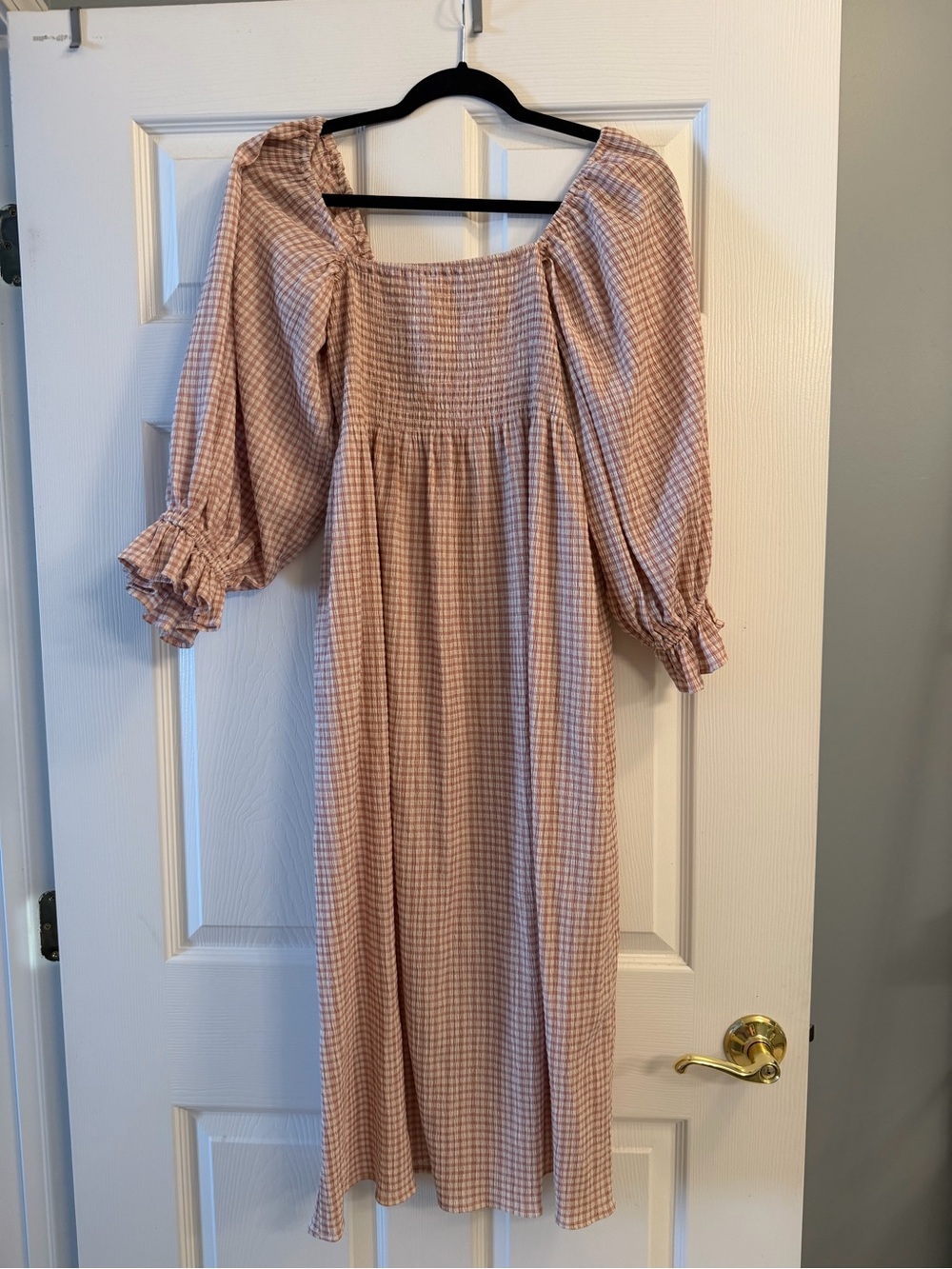 Smocked Gingham Midi Dress in Blush